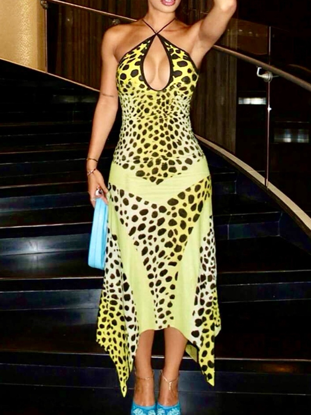 Neon Yellow Animal-Print Halter Midi Dress